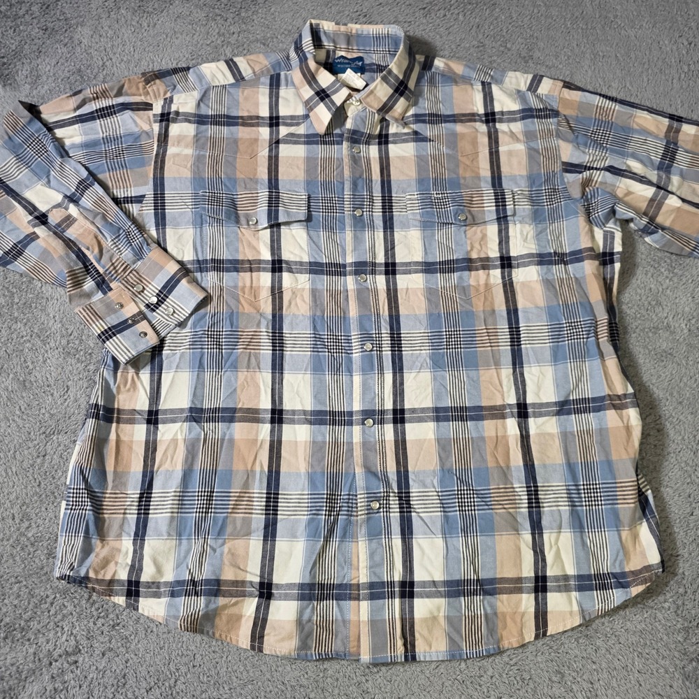 Wrangler Mens XXL Western Shirt Blue Tan Plaid Pearl Snap Cotton MS1045M